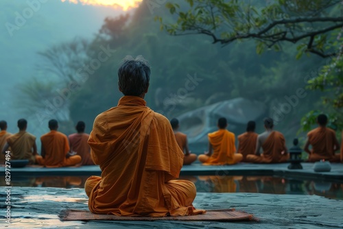 Monks Meditating Outdoors in Tranquil Setting