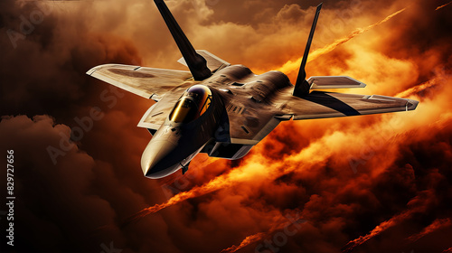 Fighter jet F-22 Raptor  modern technology fifth generation in the battlefield  fire and smoky background twin engine stealth aircraft one of the most advanced fighter jet photo