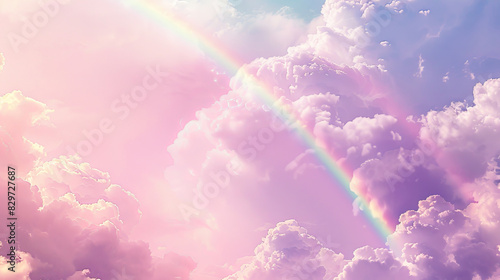 Dreamy pastel pink sky with clouds and rainbow