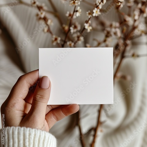 Hand holding a blank card with blossoming branches in the background.