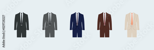 Different set man suit colors. The right color combination of suit. Color flat vector illustration. Isolated. Men’s suit, tie color combinations guide. Gentlemen’s outfit.