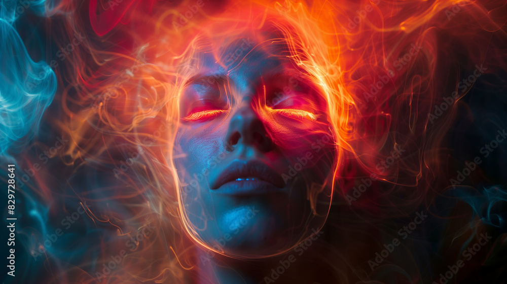 Abstract face with fire and smoke, representing brain activity. Abstract face with fire and smoke, representing brain activity.