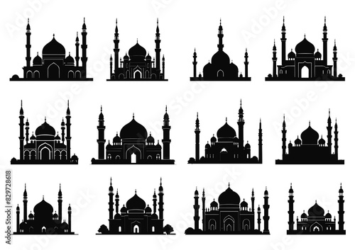Collection of Mosque silhouette vector element on a white background