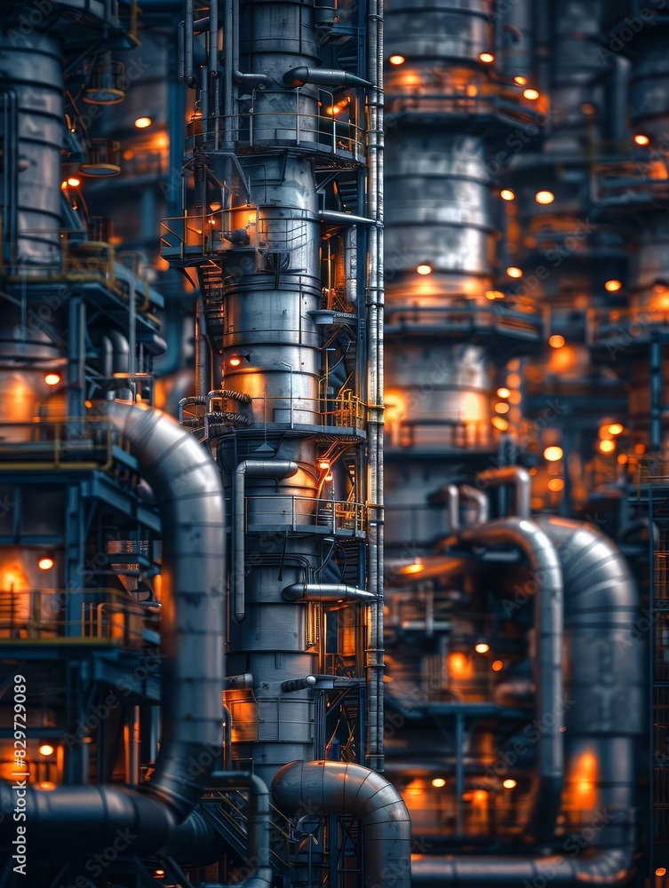 A towering industrial structure, with pipes, valves, and catwalks. A towering industrial structure, with pipes, valves, and catwalks.
