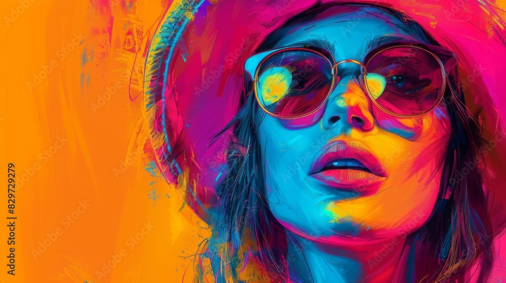 Vibrant digital painting of a woman wearing sunglasses and a hat, showcasing bold neon colors on an abstract background.