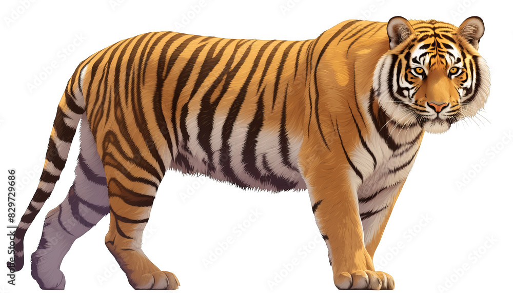 Obraz premium A majestic tiger standing proudly with its striking orange fur and black stripes, looking directly at the camera with intense eyes.