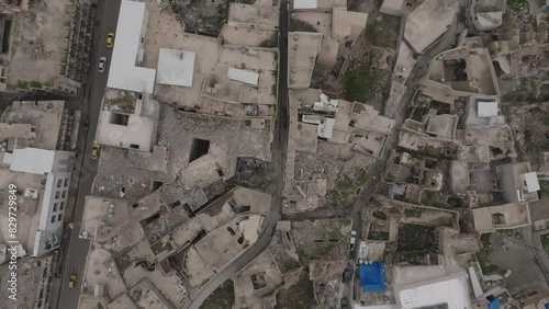 Aerial drone view of Mosul, Iraq: cityscape showcasing war-torn buildings, historic landmarks, and bustling streets, reflecting a blend of resilience and rich cultural heritage. photo