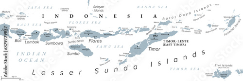 Lesser Sunda Islands, Indonesia, gray political map. Nusa Tenggara Islands, archipelago in Southeast Asia. Part of volcanic Sunda Arc. Bali, Lombok, Sumbawa, Sumba, Flores, Timor and smaller islands. photo
