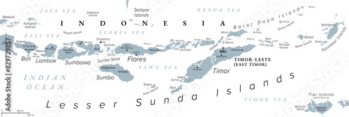 Lesser Sunda Islands, Indonesia, gray political map. Nusa Tenggara Islands, archipelago in Southeast Asia. Part of volcanic Sunda Arc. Bali, Lombok, Sumbawa, Sumba, Flores, Timor and smaller islands.