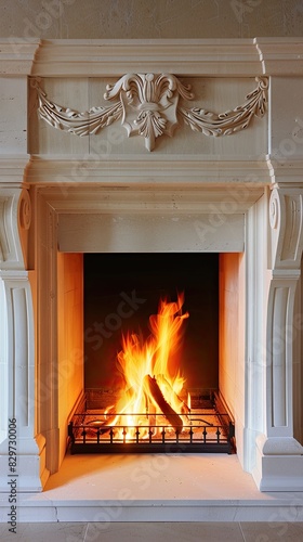 a living room with a white wall  a wooden armchair  and burning firewood on a coffee table  creating a cozy atmosphere