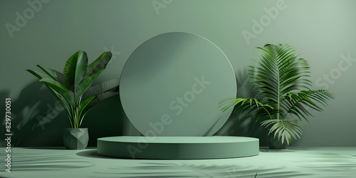 Green podium empty space can display product background 3d green color podium with tropical plants ith geometric leaf design empty round stage photo
