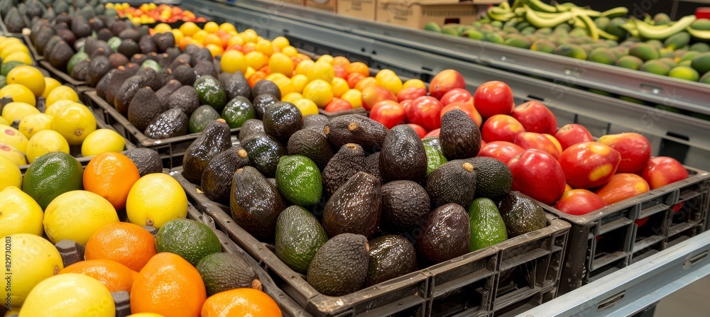 Assorted fresh fruits including ripe avocados in wooden crates at local market warehouse
