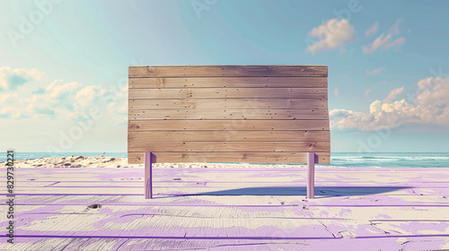 Lavender painted wood floor supports a blank ipe wood signboard on a beach, summer sky backdrop. photo