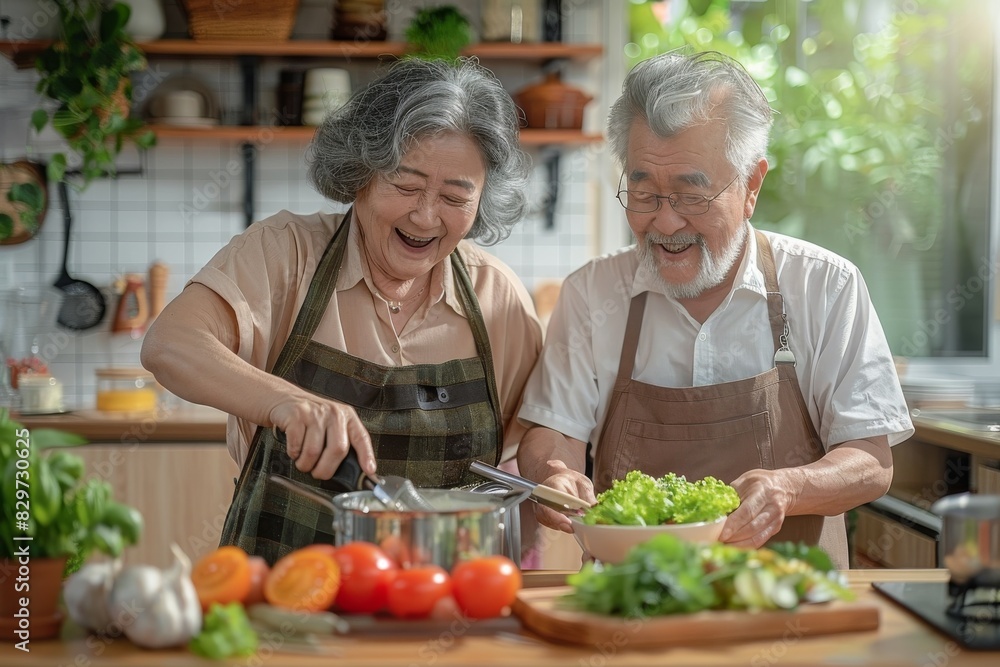 A senior couple of older people are in a kitchen, preparing a meal together A senior couple of older people are in a kitchen, preparing a meal together