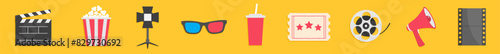 Cinema icon set. Soda glass straw, film strip, 3d glass, light projector, loud speaker. Popcorn box Movie reel Open clapper board Ticket Admit one three stars. Yellow background. Flat design. Vector