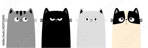 Black, gray, white kitten icon. Cat set line. Funny face head. Cute cartoon character. Kawaii animal. Different emotion. Sad happy angry. Love card banner. Flat design Isolated White background Vector