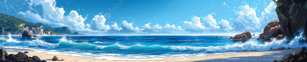 Obraz premium serene beach with calm waters, lush greenery, and a clear blue sky with fluffy white clouds. Generative ai raster illustration. Pop art comic book style imitation