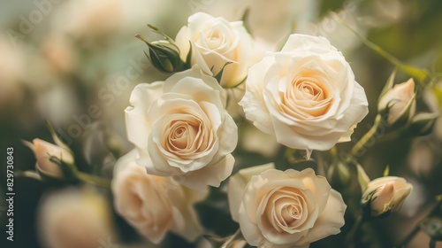 Close up image featuring white roses with a blurred background