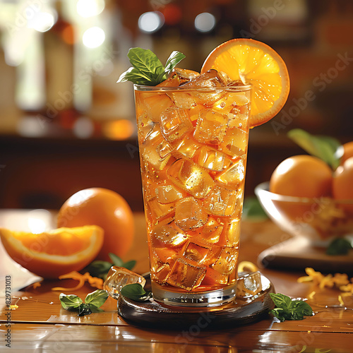 vibrant and tangy citrus coffee with orange zest and ice cubes in a tall glass photo