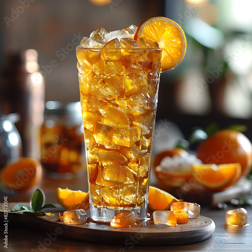 vibrant and tangy citrus coffee with orange zest and ice cubes in a tall glass photo