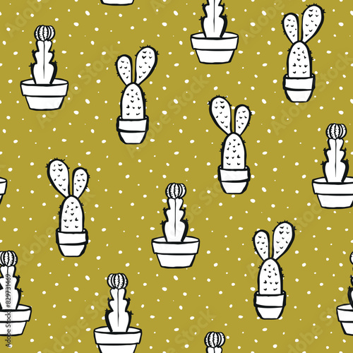 Cactus Vector Seamless pattern. Nature. Hand drawn doodle cacti. Desert Floral background. Color succulents print in the scandinavian style