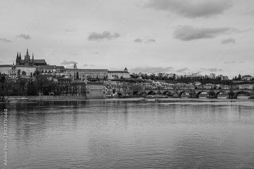 Scenic view of Prague Castle in Czech Republic in grayscale Scenic view of Prague Castle in Czech Republic in grayscale