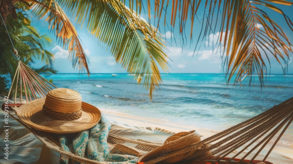 Obraz premium Straw hat on hammock under palm tree leaves with ocean view and clear sky representing a relaxing tropical beach vacation. Generative Ai.