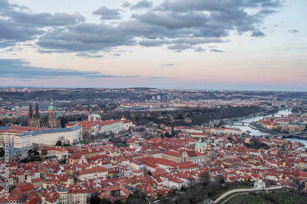 Fototapeta premium Aerial view of Prague, Czech Republic at sunset