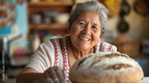 Mature middle aged latino woman baking bread using wheat flour smiling at camera