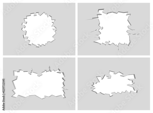 Broken panel with fractures and cracks. Vector isolated set of realistic demolished walls revealing copy space, blank place for text. Barrier with fractured surface, concrete and plaster