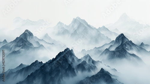 Serene mountain landscape in traditional Chinese ink painting style © standret
