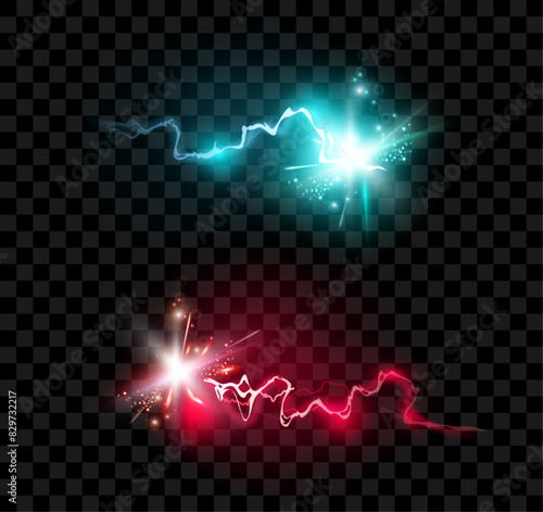 Flash light thunderbolt spark versus fight. Vector thunderbolt flight, power of storm, electric powerful discharge of energy and force. Colorful bolts glowing burst effects, transparent background