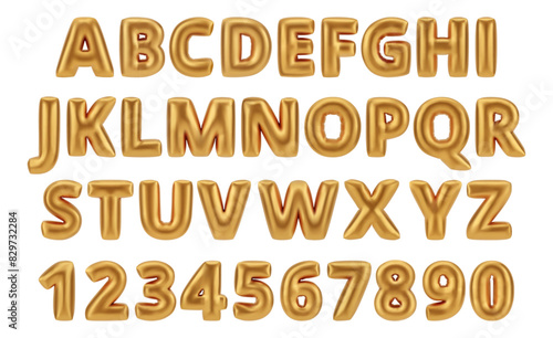 ABC letters and numbers, isolated realistic golden balloons font. Vector glossy alphabet symbols and characters, inflatable numeric for birthdays or party decorations. English typeface design