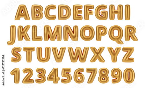 ABC letters and numbers, isolated realistic golden balloons font. Vector glossy alphabet symbols and characters, inflatable numeric for birthdays or party decorations. English typeface design