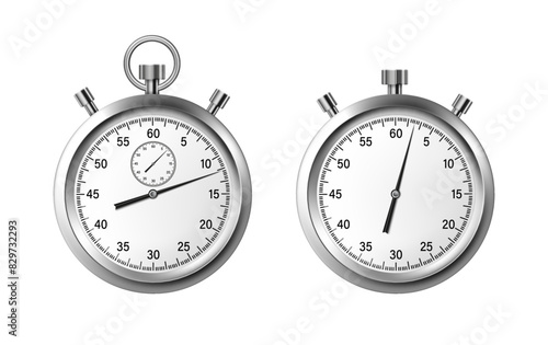 Stopwatch with buttons, isolated realistic set of classic design timer with face and hands. Vector chronometer or watch, pocket clock telling hour, minute or second with precision and accuracy
