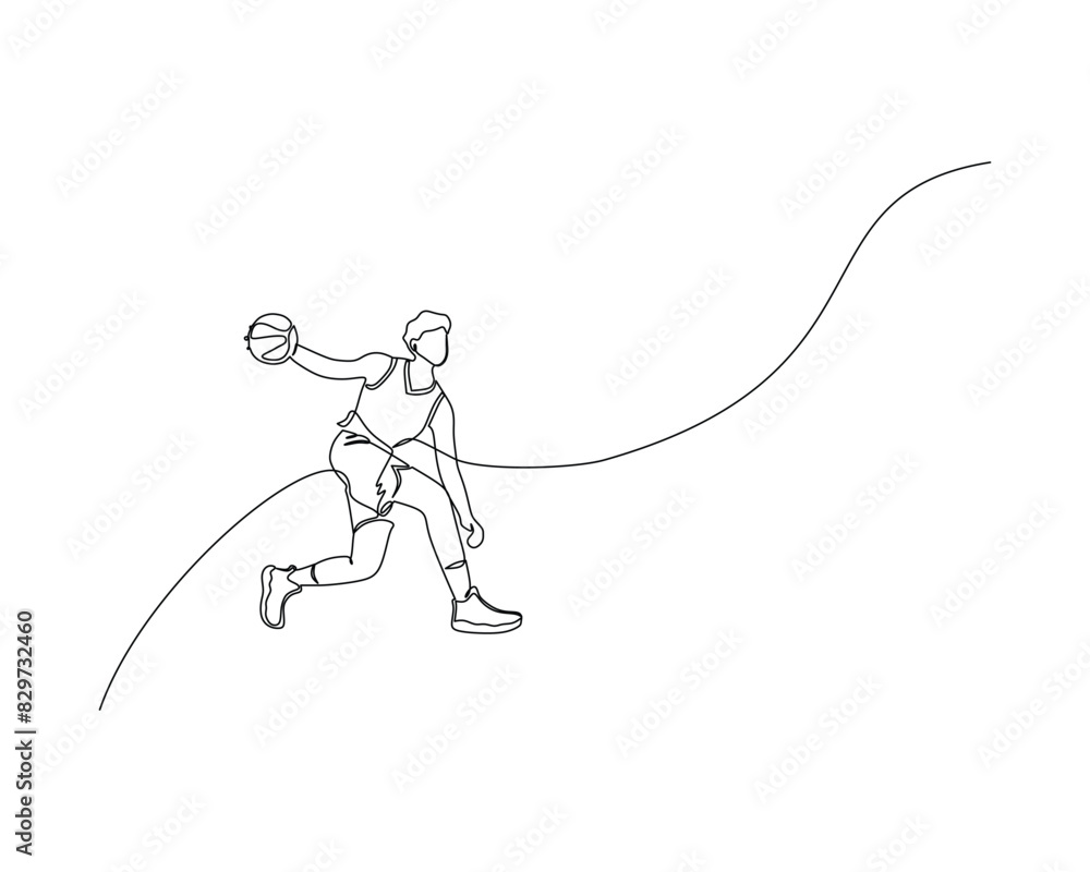 Continuous single line drawing of male basketball player dribbling the ball while half-squatting. basketball tournament event design illustration Continuous single line drawing of male basketball player dribbling the ball while half-squatting. basketball tournament event design illustration