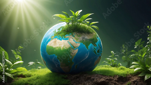 World environment day  A green globe representing Earth  partially covered with vibrant green leaves  symbolizing nature and environmental sustainability