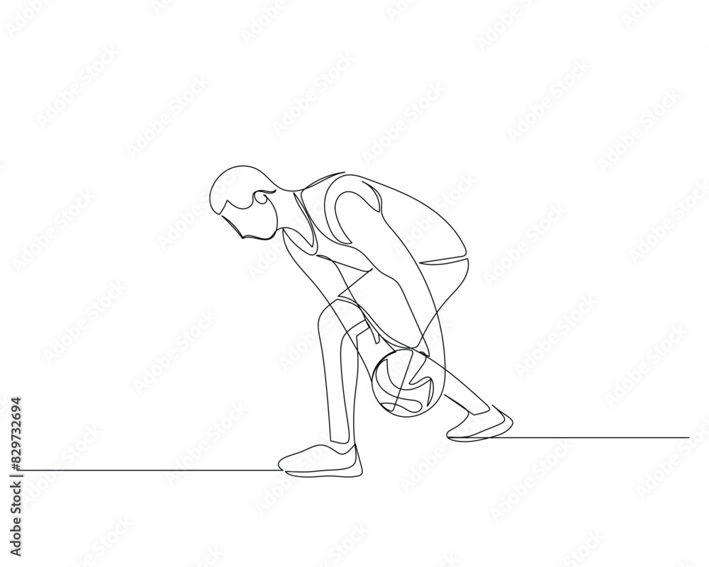 Continuous single line drawing of a male basketball player is dribbling the ball under both feet. basketball tournament event design illustration