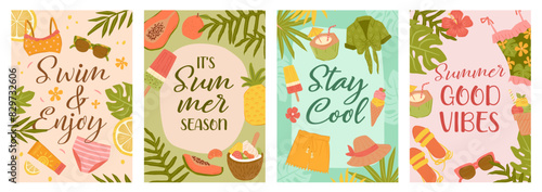Collection of summer beach illustrations with typography quotes and sayings for vector cards  background and posters