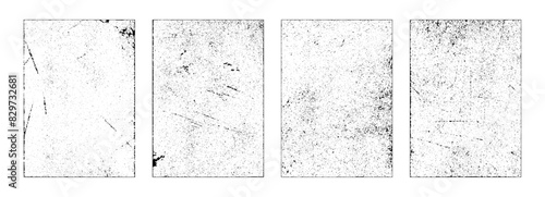 Texture overlay, worn paper effect, realistic damaged and scratched page or foil. Vector isolated set of grunge vintage or retro prints with grain surface. Border stamp with dust or paint