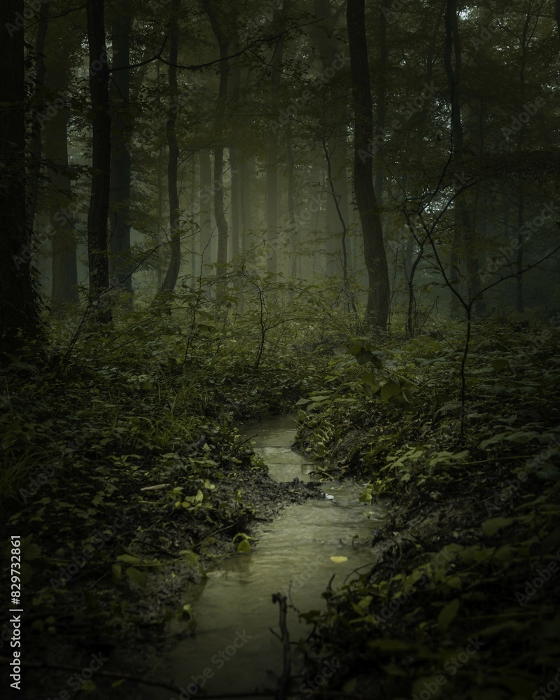 Obraz premium a stream running through a dark forest at night with fog
