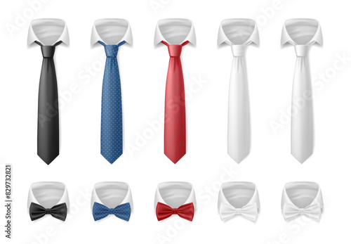 Formal wear of men, isolated necktie with collar shirt. Vector realistic accessories for tuxedo or official suit. Satin or cotton ties and bows with polka dot and diagonal stripes. Businessman costume