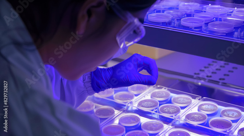 Female scientist doing cell culture seeding and counting under a protective light to avoid irradiating the samples with ultraviolet light. AI 