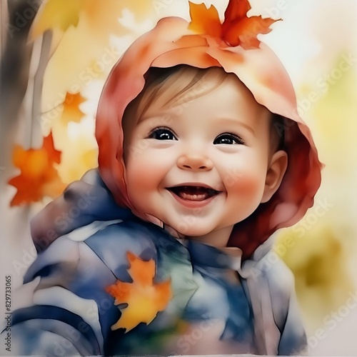 Watercolor, cute little animals and children smiling. A boy in a hood smiles at the autumn falling leaves. AI Generation.