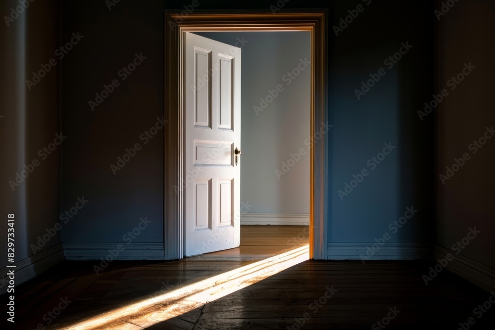 Discovering a shadowy corridor with an open ivory door. Radiant light beckons, infusing hope and opportunity into the scene Discovering a shadowy corridor with an open ivory door. Radiant light beckons, infusing hope and opportunity into the scene