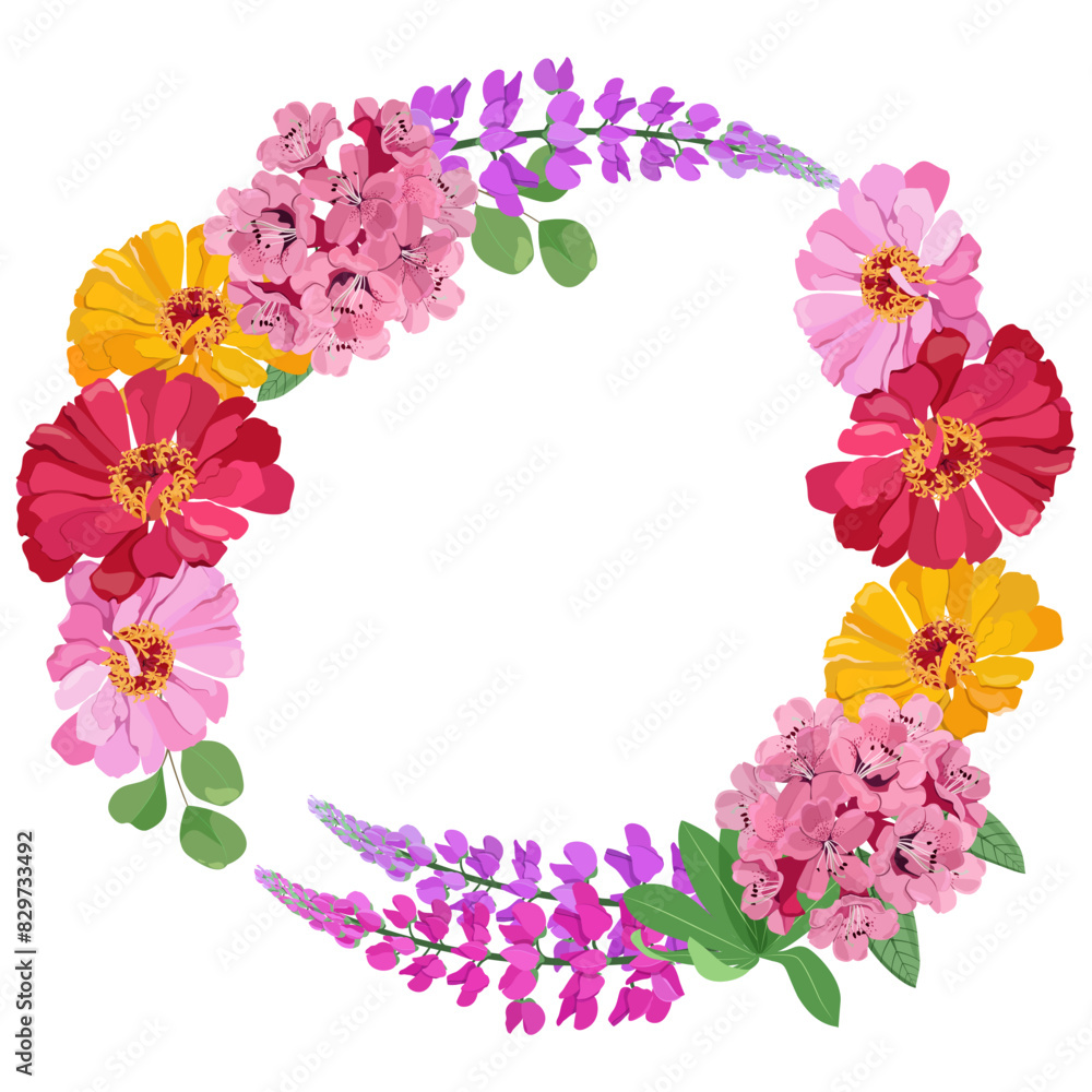 Decorative vector wreath of garden flowers,chrysanthemum, lupine, eucalyptus and rhododendron Decorative vector wreath of garden flowers,chrysanthemum, lupine, eucalyptus and rhododendron