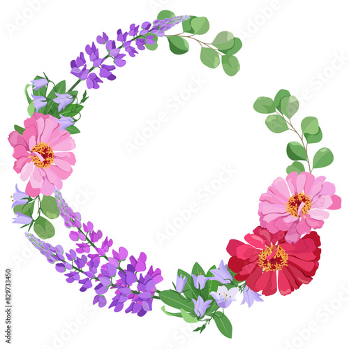Decorative vector wreath of garden flowers,chrysanthemum, lupine, eucalyptus and campanula