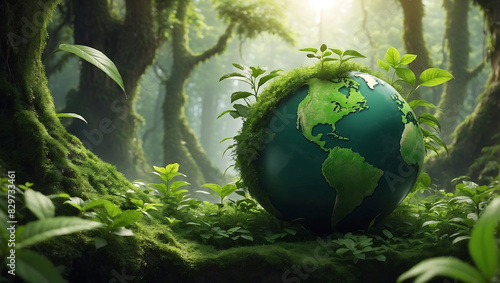 World environment day, A green globe representing Earth, partially covered with vibrant green leaves, symbolizing nature and environmental sustainability #829733461