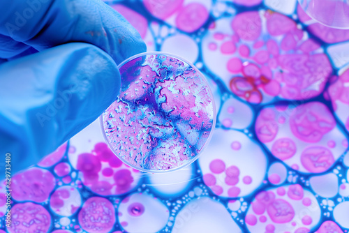 Hand of linical research laboratory technician with sample of cancer cells with typical pink colored cells for microscopic analysis. Cancer research, new drug development.