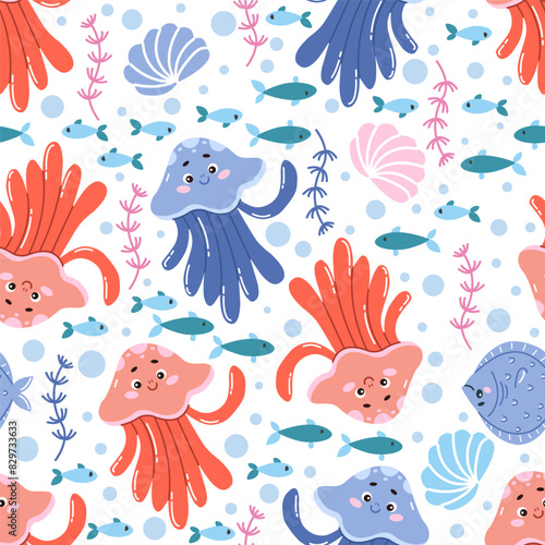 Cute vector seamless pattern with colorful jellyfish and fish. Summer background. Marine animals. Ideal for children s bed linen  wallpaper  wrapping paper  fabric  textiles  T-shirt prints